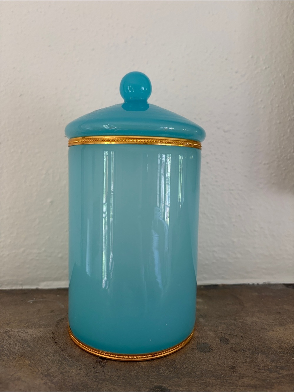 French Celeste Blue Opaline Glass Jar with Beaded Ormolu Trim 1830-1890